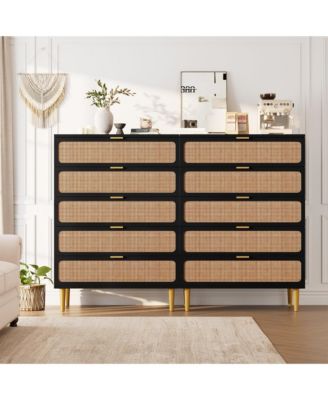 Rattan Dresser with 5 Drawers, Tall Modern Closet with Deep Storage