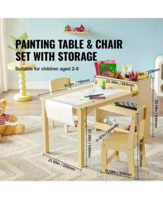 Kids Art Table with 2 Chairs Wood Activity Table with Cabinet for Craft and Learning