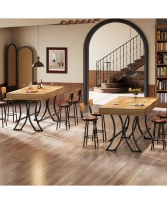 63" Counter Height Dining Table with Metal Footrest, Rectangular Tall Kitchen Bar Table, Natural