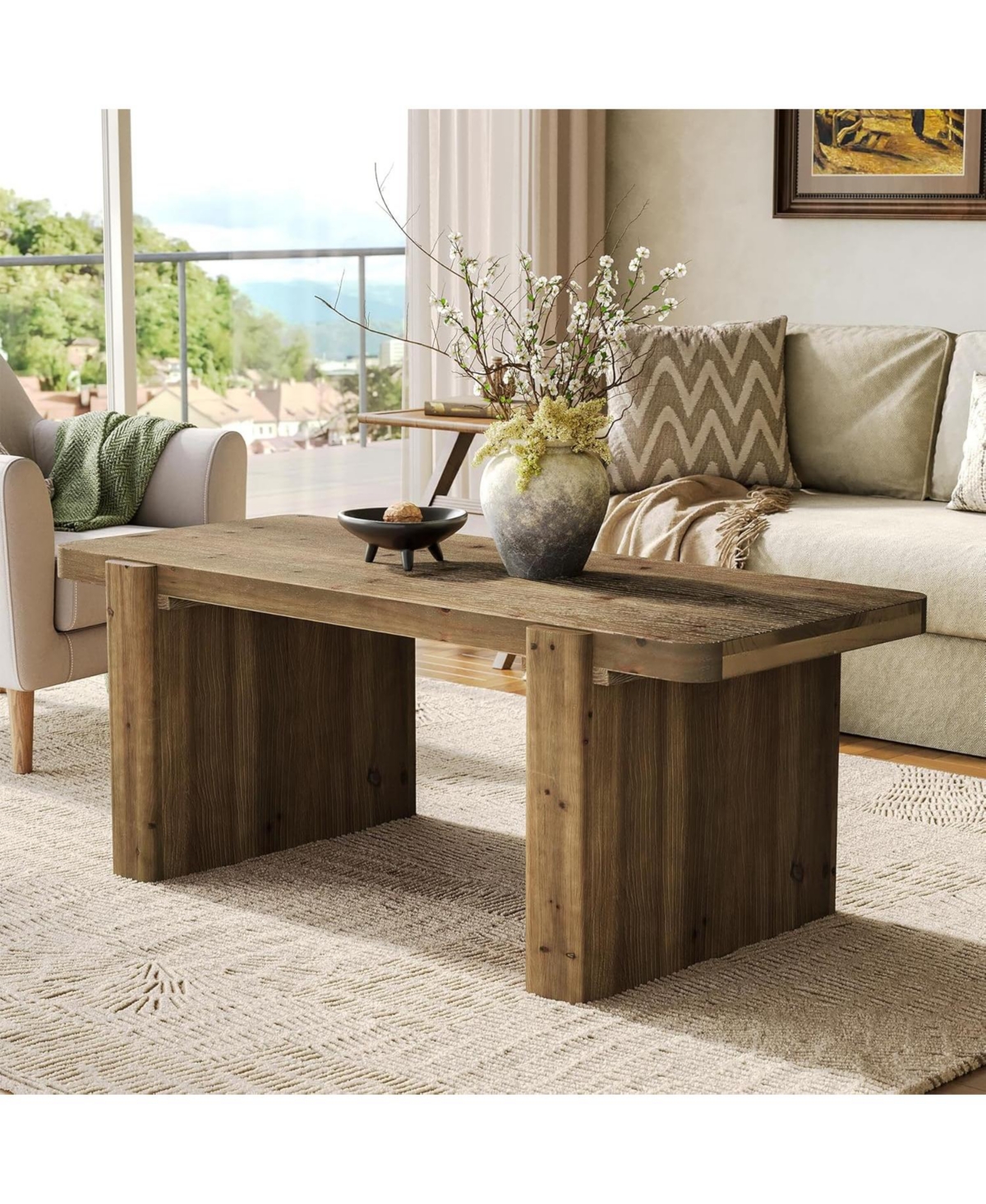 Tribesigns Farmhouse Coffee Table with Heavy-Duty Legs, Solid Wood