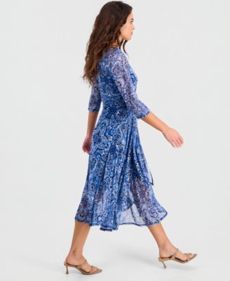 Petite Tie-Front 3/4-Sleeve Mesh Midi Dress