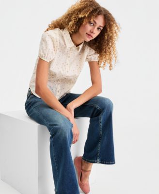 Brand Juniors' Cotton Puff-Sleeve Shirt & Low-Rise Flared Jeans