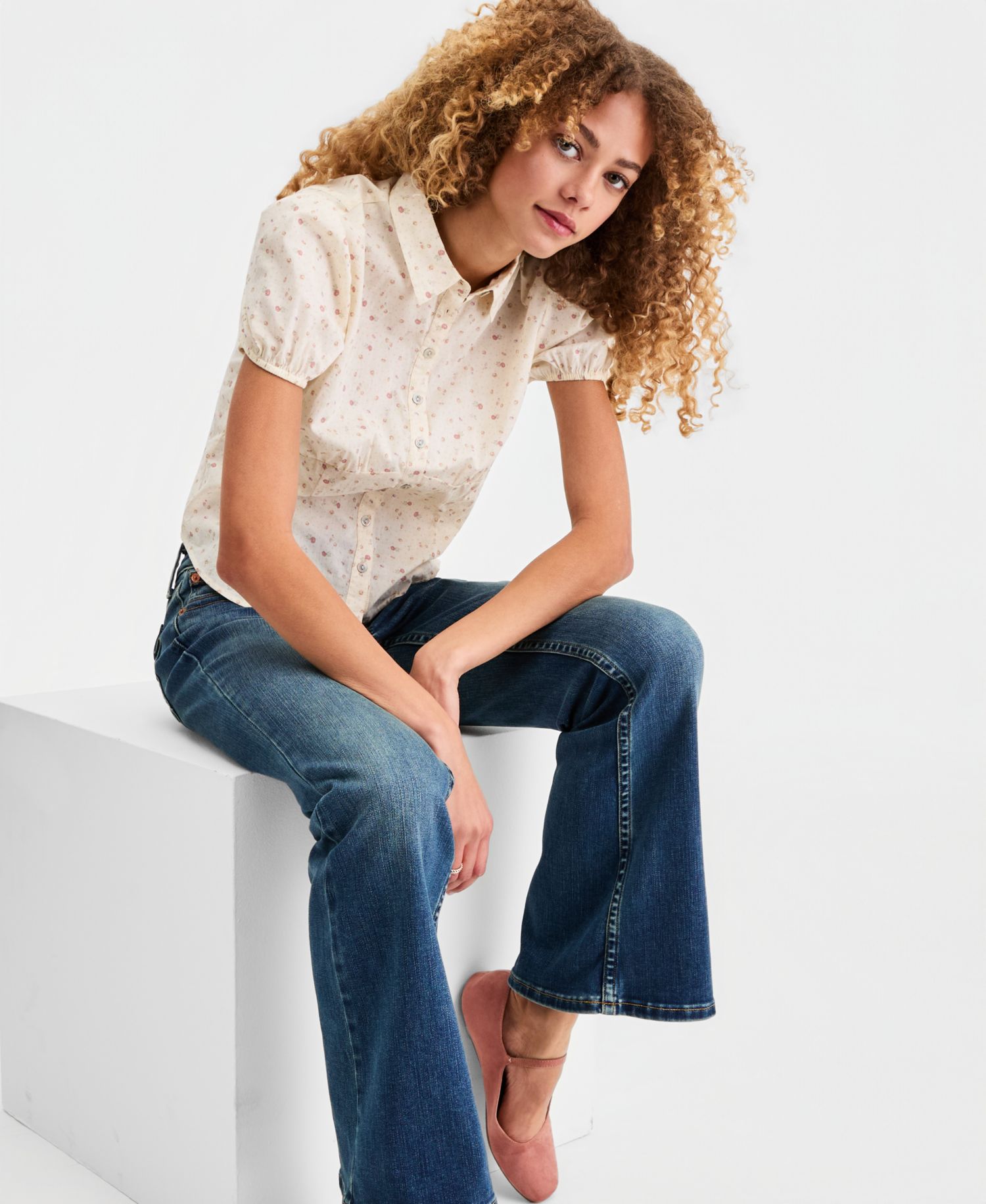 Women's Cotton Puff-Sleeve Button-Down Shirt
