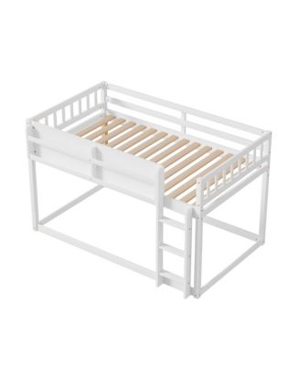 Wood Kids Juniors Low Twin Over Twin Bunk Bed Floor Bunk Bed with Ladder and Built-in Shelf