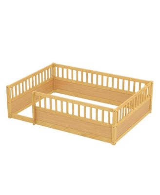 Montessori Wooden Floor Bed with Safety Fence Kids Low Profile Play Bed Frame for Bedroom & Playroom