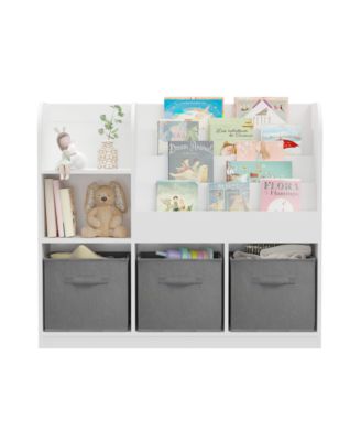White/Gray Kids Bookcase with 3 Collapsible Fabric Drawers for Bedroom