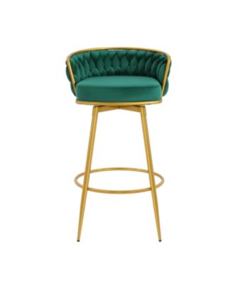 Streamdale Green Swivel Counter Height Bar Stools (Set of 2) with Hand-Woven Backrest & Gold Legs