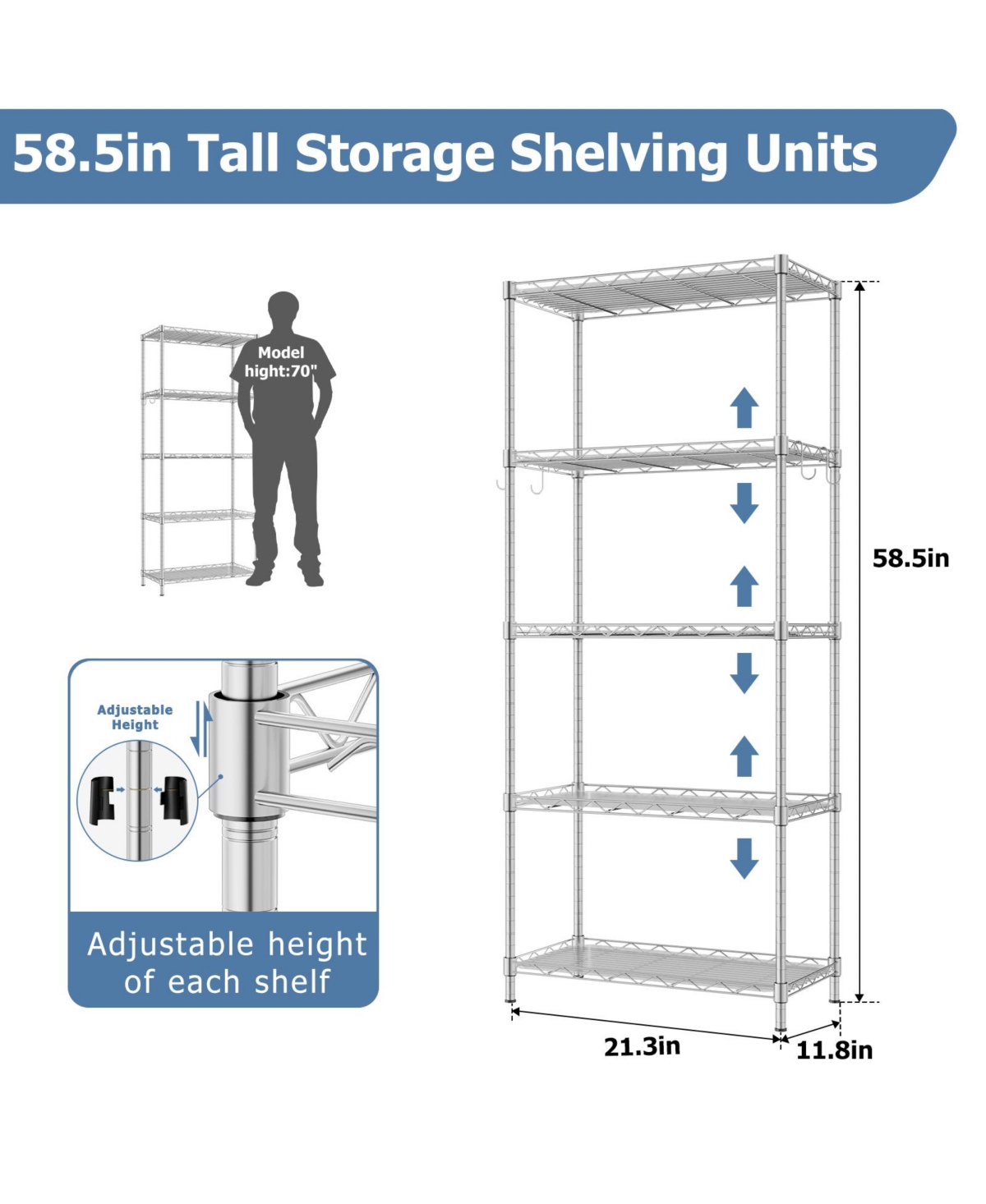 Lovmor 5-Tier 21 in W x 59 in H x 12 in D Adjustable Wire Shelving Unit
