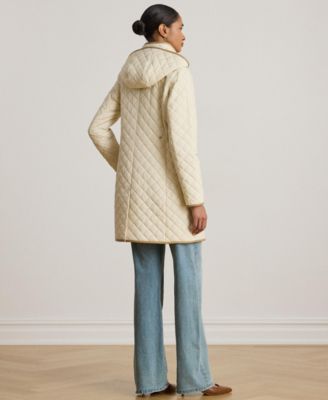 Womens Hooded Quilted Faux-Suede-Trim Coat