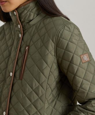 Womens Hooded Quilted Faux-Suede-Trim Coat