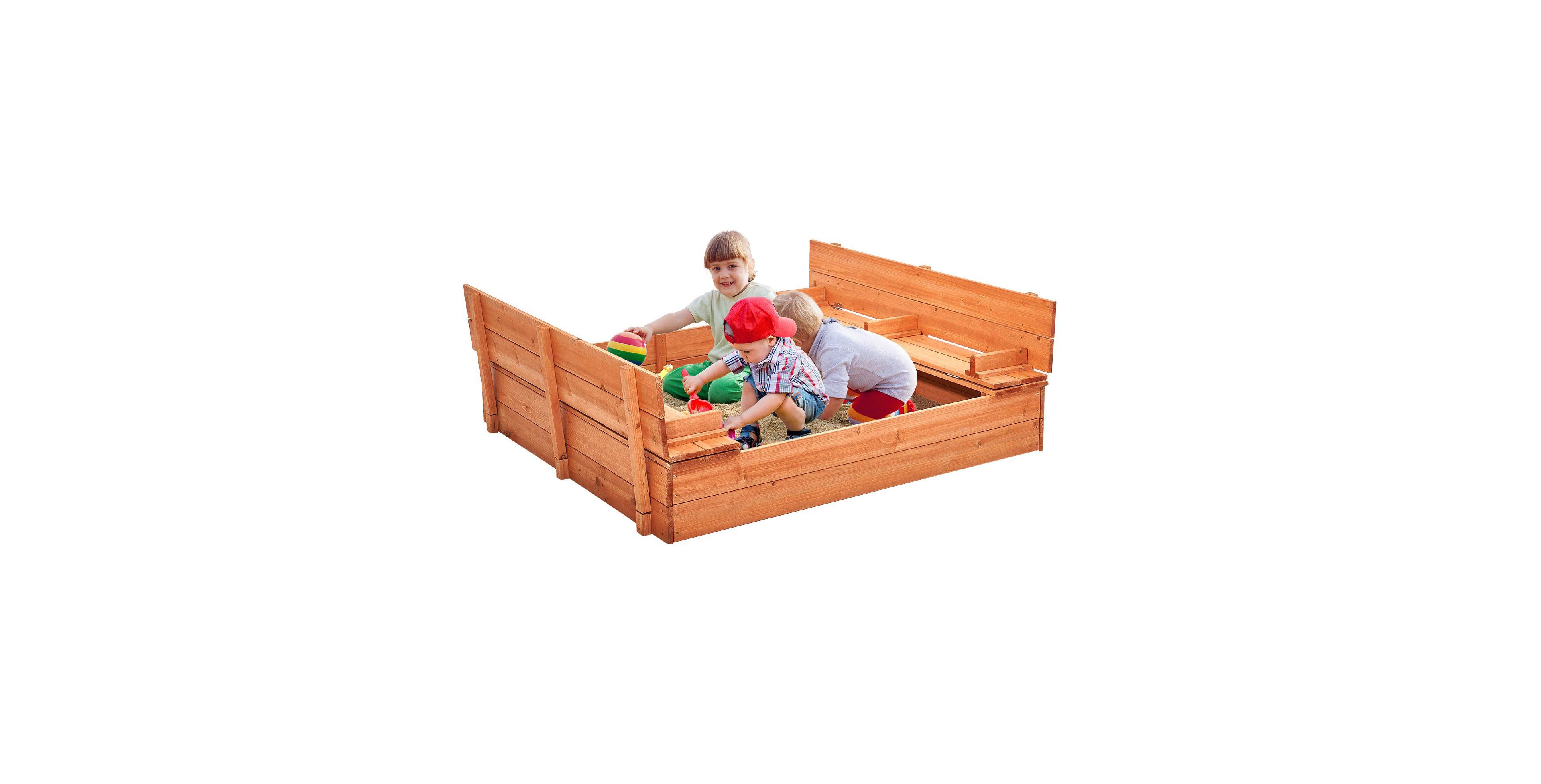 Sugift Wooden Sandbox with Foldable Bench Seats, Natural Wood