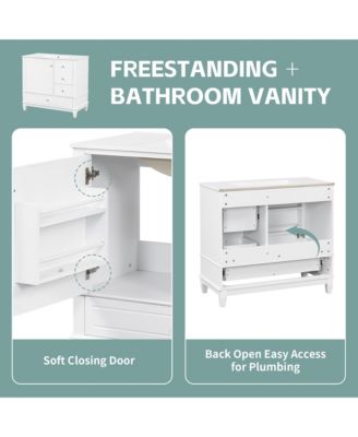 36 in. Freestanding Bathroom Vanity Cabinet with Ceramic Sink, MDF and Solid Wood Base, 3 Drawers and Shelves, 4 in. Faucet Holes