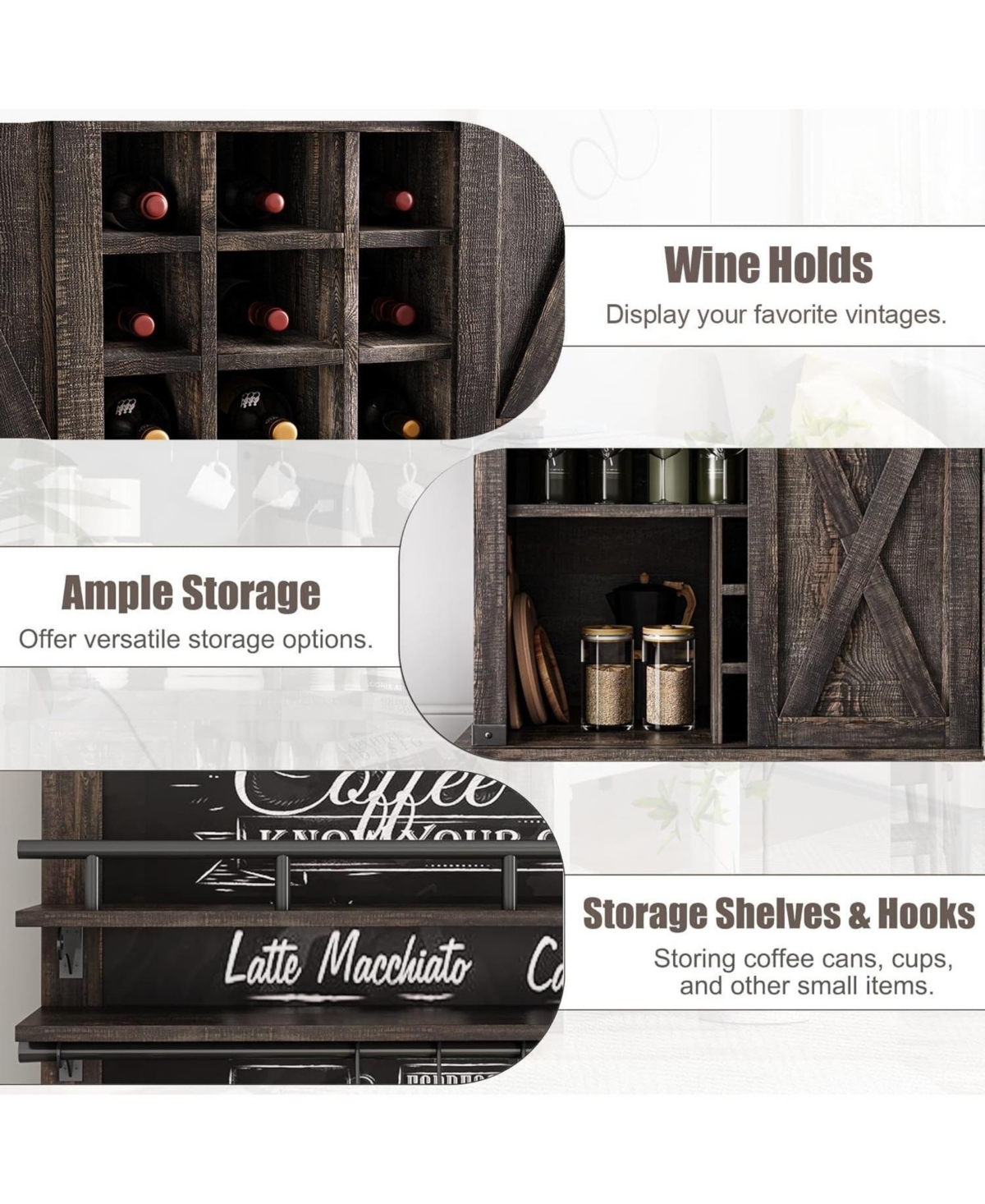 gaomon 75 Inch Farmhouse Coffee Bar Cabinet with Sliding Barn Doors, Storage Buffet Sideboard Adjustable Shelves