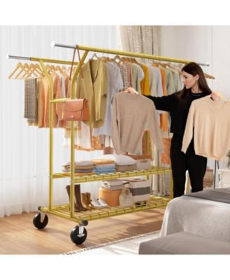74" W Heavy Duty Clothes Rack, Double Rods Gold Clothing Rack Load 630 LBS, Rolling Clothes Racks for Hanging Clothes 400+, Garment Rack