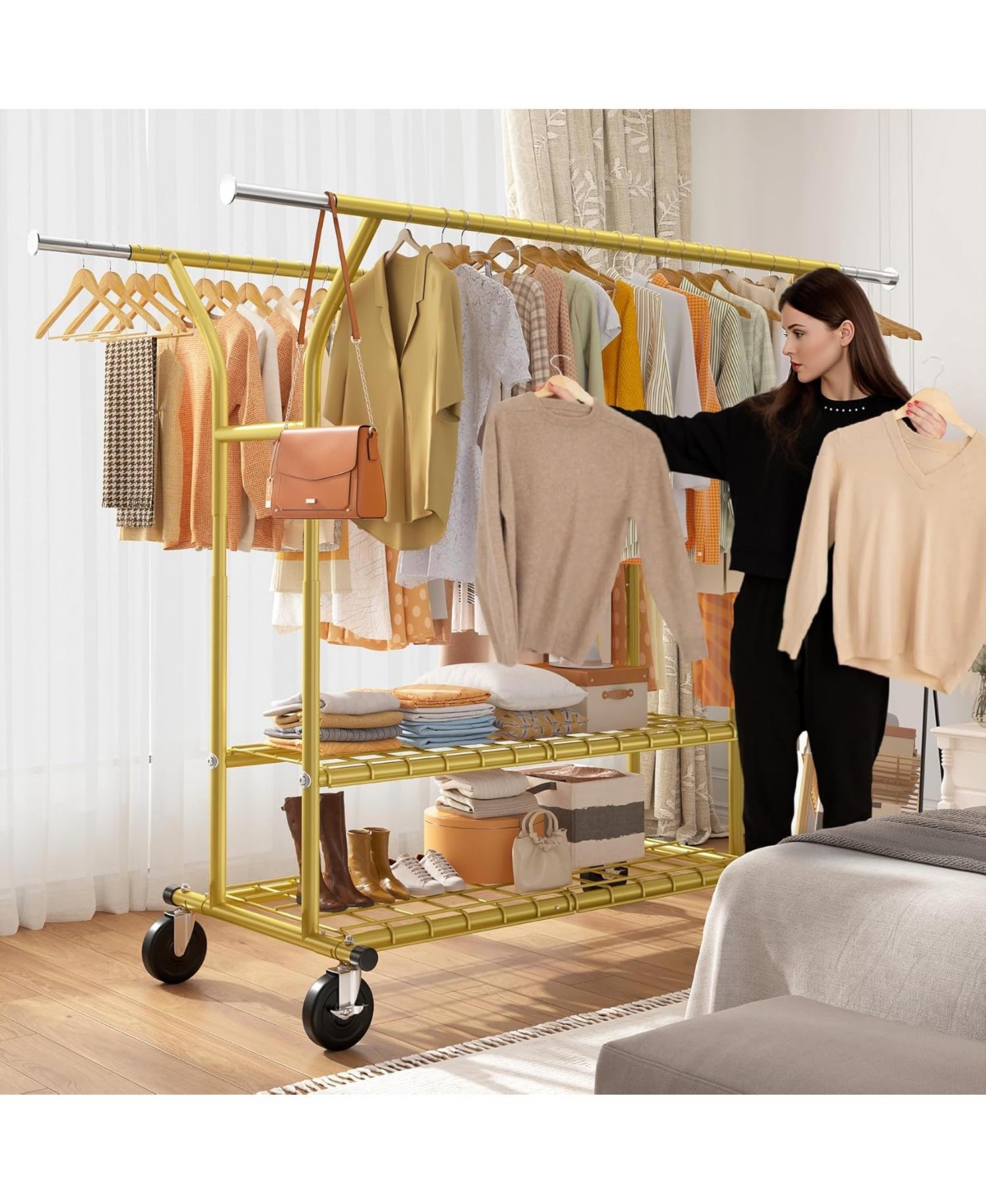 Raybee 74" W Heavy Duty Clothes Rack, Double Rods Gold Clothing Rack Load 630 Lbs, Rolling Clothes Racks for Hanging Clothes 400+, Garment Rack