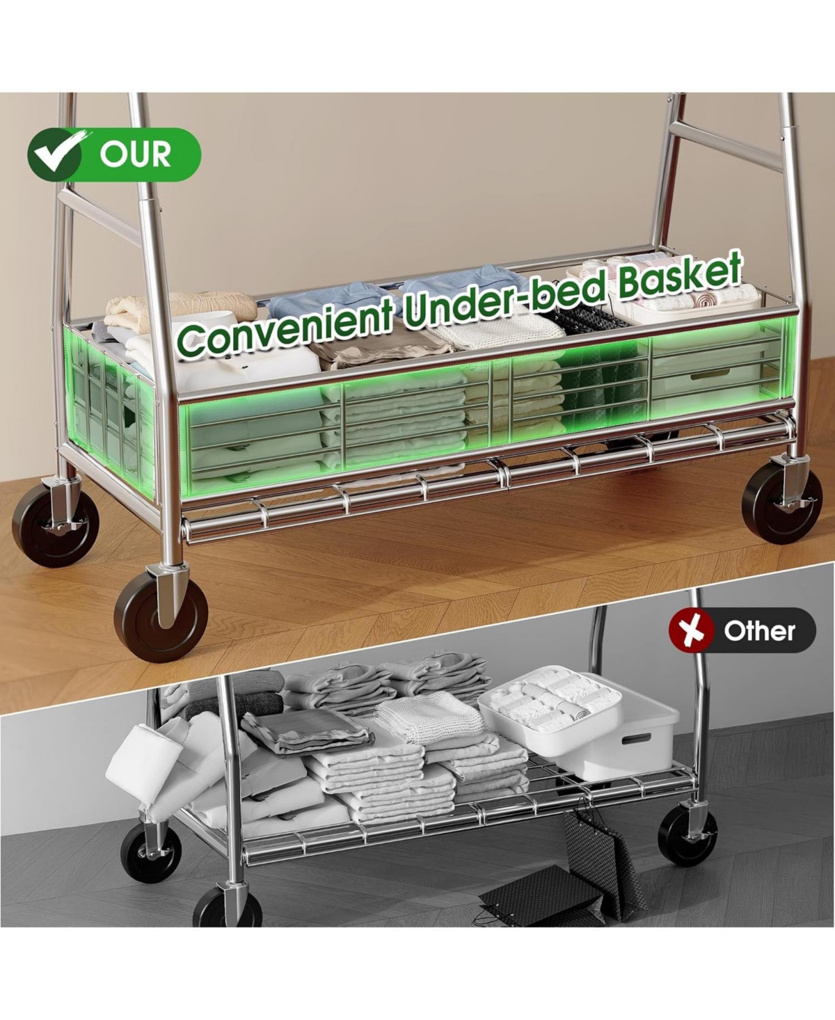 Raybee Double Rod Clothing Rack with Storage Basket, Portable Heavy-Duty Garment Rack, Adjustable for Bedroom, Closet, Commercial