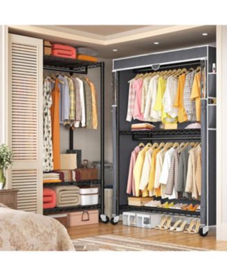 Clothes Rack with Cover, 81" H Clothing Racks for Hanging Clothes, Portable Closet with Wheels, Side Pockets and Adjustable Feets for Bedroom