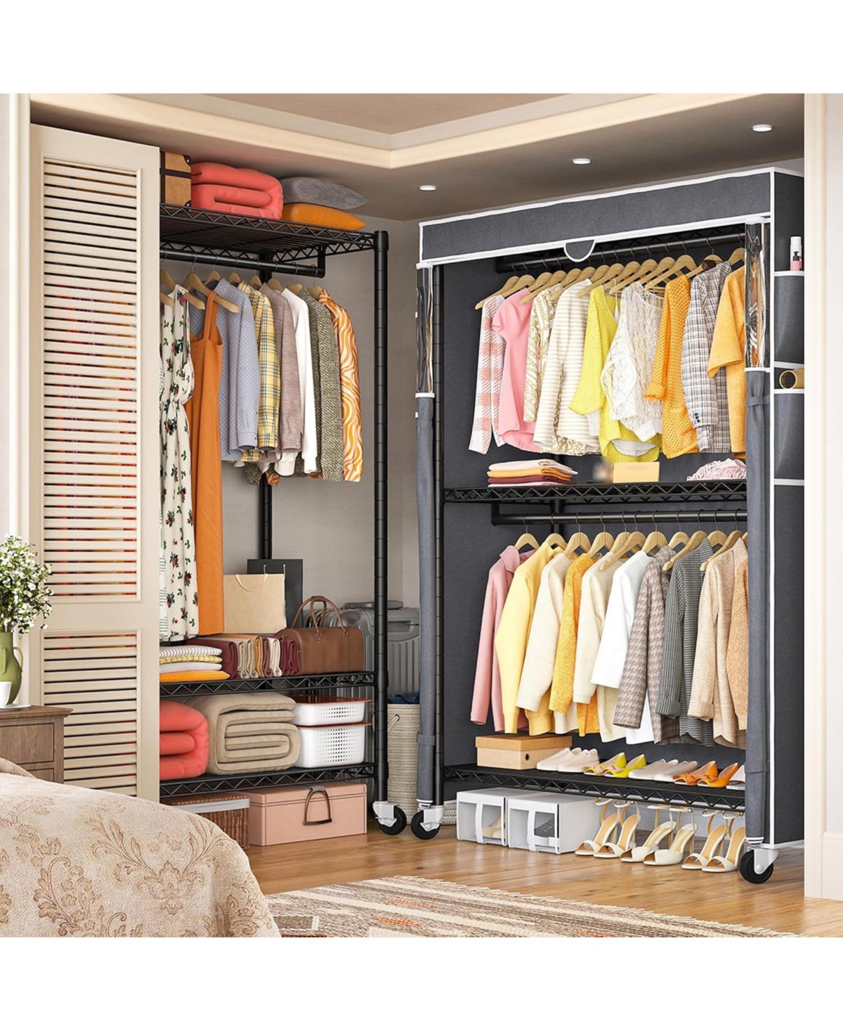 Raybee Clothes Rack with Cover, 81" H Clothing Racks for Hanging Clothes, Portable Closet with Wheels, Side Pockets and Adjustable Feets for Bedr