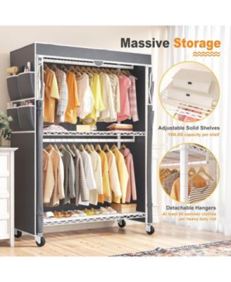 Heavy Duty Clothes Rack with Cover, 81" H Clothing Racks for Hanging Clothes, Portable Closet with Wheels and Adjustable Feet, Max Load