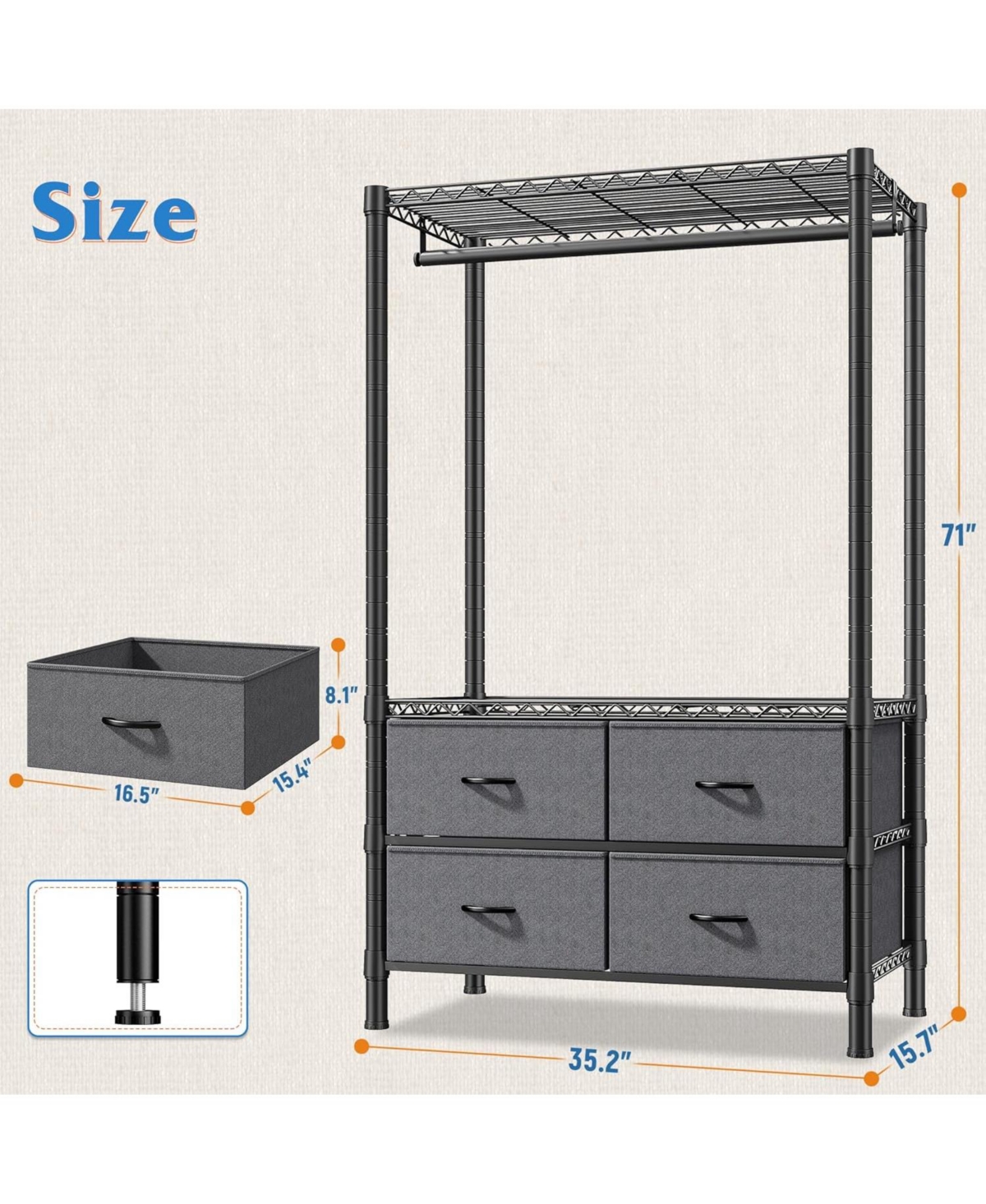Raybee Clothes Rack, Heavy Duty Clothing Racks for Hanging Clothes，Freestanding Garment Rack with Adjustable Shelves for Bedroom