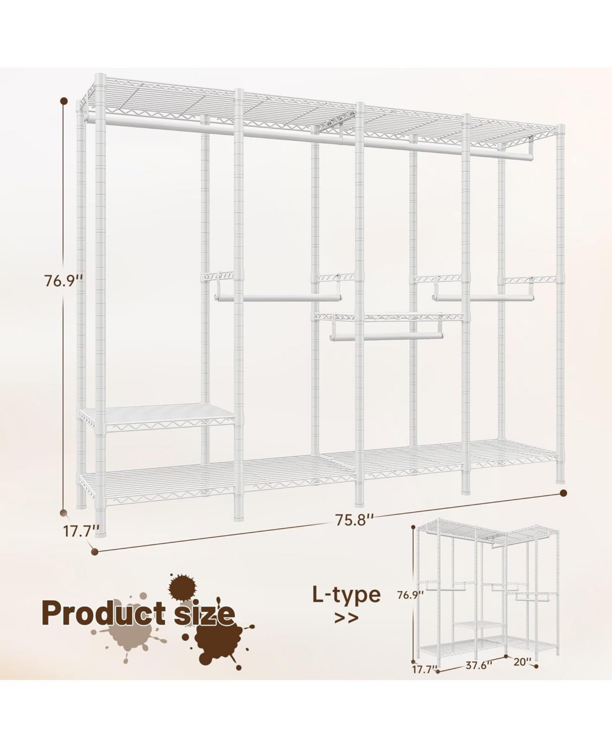 Raybee 76.9" H Clothes Rack Heavy Duty Loads 1100 Lbs Metal Clothing Racks for Hanging Clothes Adjustable Garment Rack White