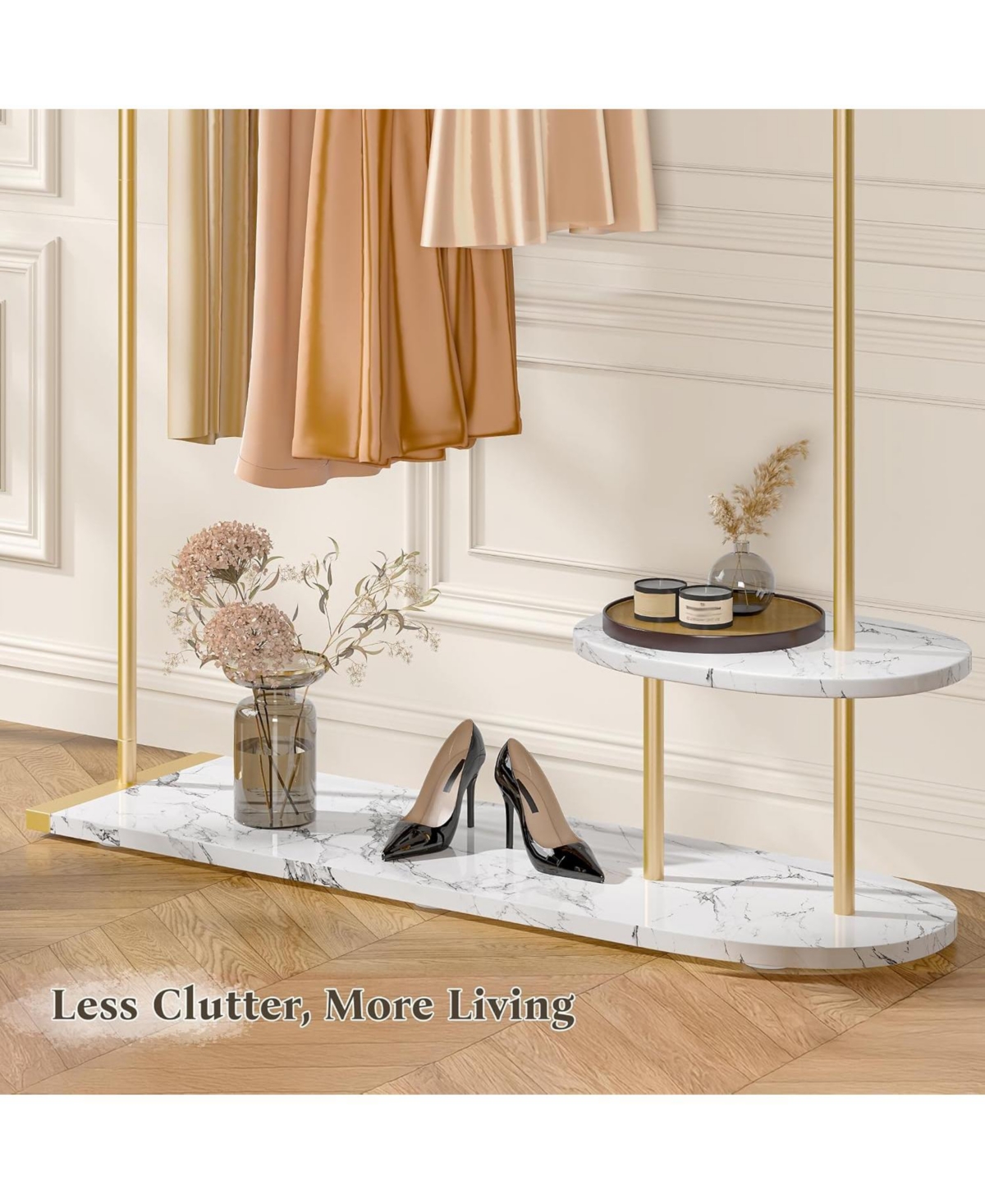 Raybee 67.3" H Gold Clothing Rack, Modern Coat Rack with 2-Tier Storage, Clothes Rack with a Display Stand for Boutique Store, Living Room