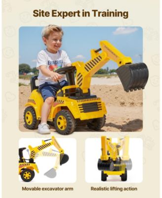 Ride On Toddler Car, Excavator Digger Push Car with Helmet & Music, 55 lbs Load, Foot-to-Floor Walker Toy for Kids 19–36M, Yellow