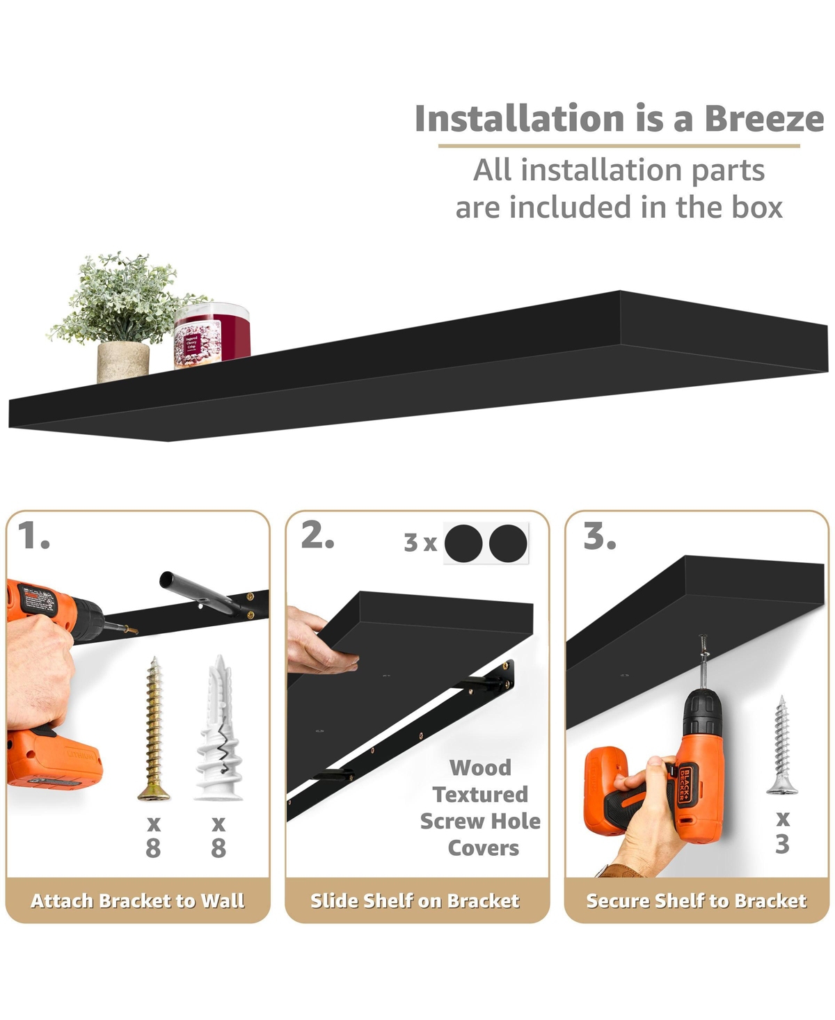Sorbus 3 Pack 55 Inch Wall Mounted Floating Shelves - for Bathroom, Decor Bedroom, Kitchen, Living Room, Book Storage