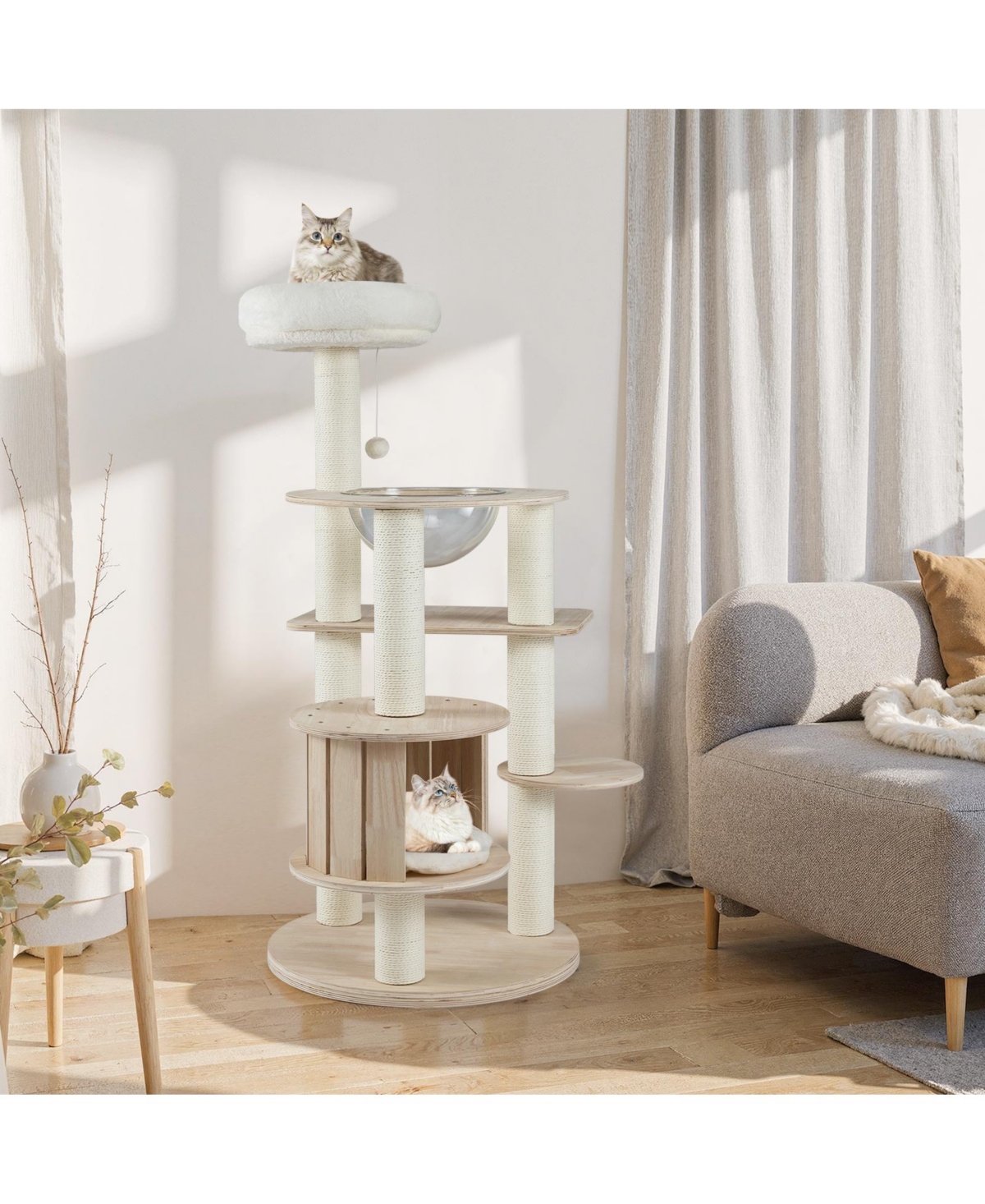 Gymax 52'' Tall Wooden Cat Tree w/Condo Perch Space Capsule Scratching Posts