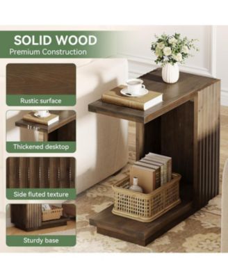 Solid Wood Side Table, C Shaped Sofa End Table, Space-Saving Small Nightstand