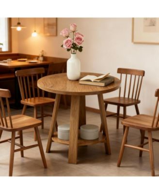 31.5" Round Dining Table for 2, Small Kitchen Table with Storage Shelf for Apartments, Oak Farmhouse Style