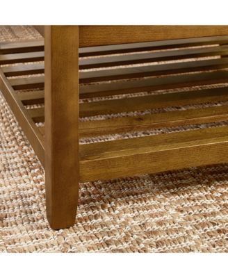 Ivory Upholstered Square Ottoman Coffee Table with Tufted Linen and Beech Wood Shelf