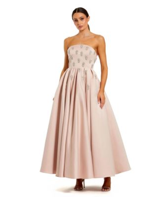 Women's Crystal Embellished Strapless Satin A-Line Dress