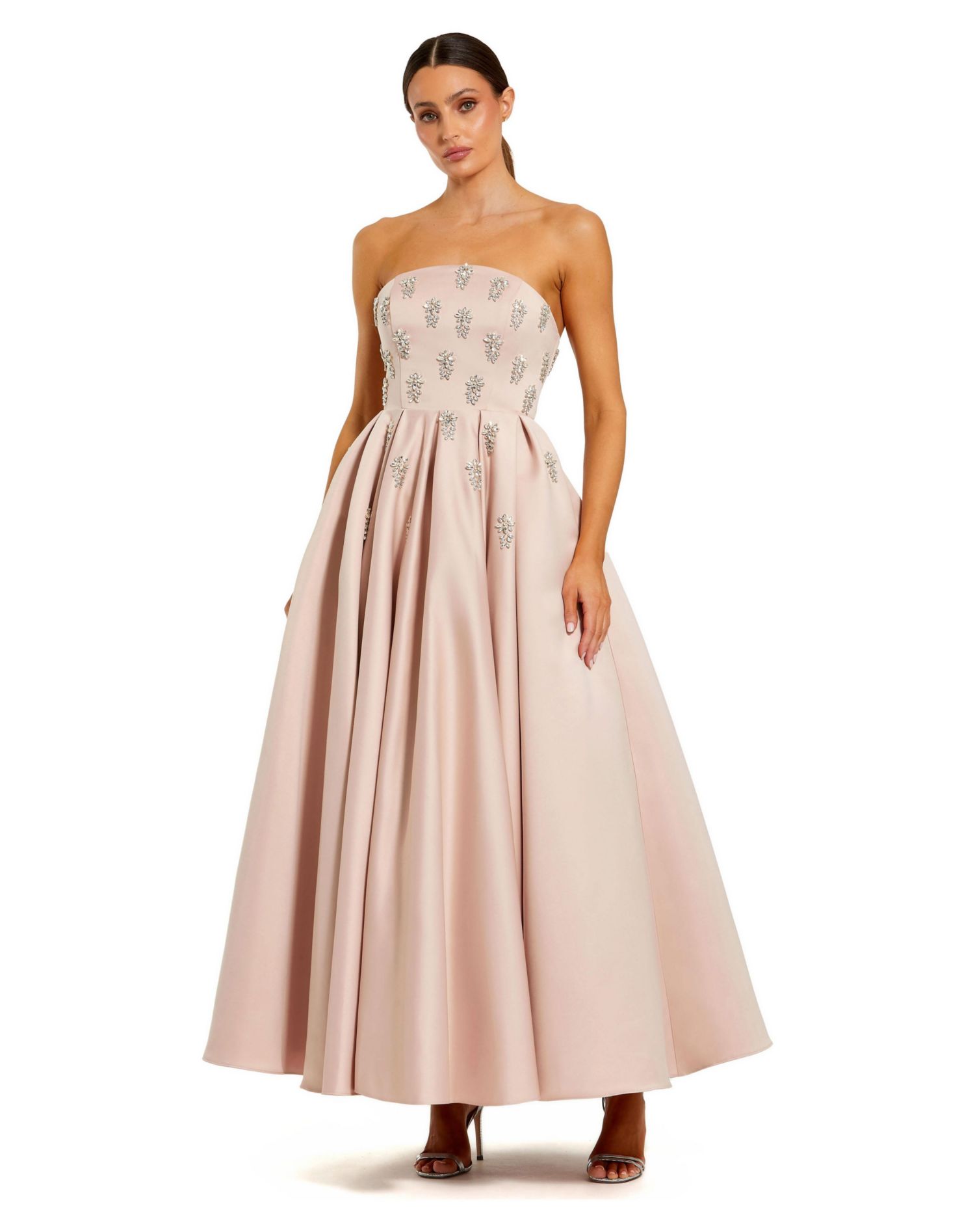 Women's Crystal Embellished Strapless Satin A-Line Dress