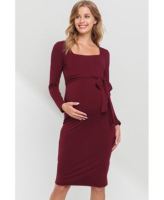 Maternity Tie Waist Square Neck Long Sleeve Dress