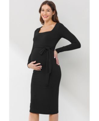 Maternity Tie Waist Square Neck Long Sleeve Dress