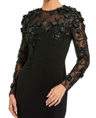 Women's Jersey Long Sleeve Fitted Gown With Floral Beading