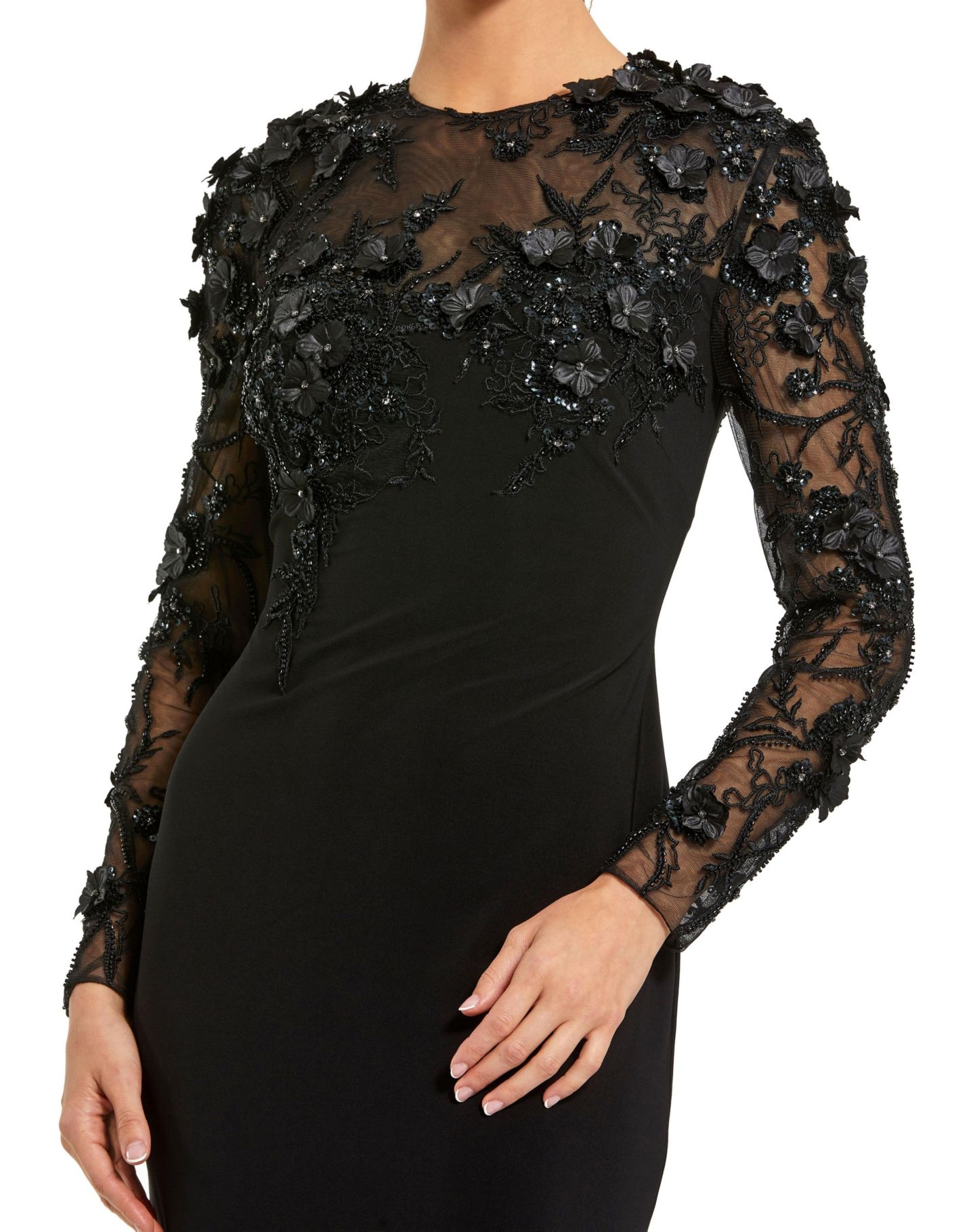 Женские платья Mac Duggal Jersey Long Sleeve Fitted Gown With Floral Beading, цвет: Чёрный — фото 2