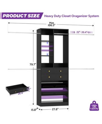 2.4-8 FT Wide Adjustable Closet Organizer, Closet System with 2 Drawers, 5 Hanging Rods, Adjustable Shoe Racks and Shelves