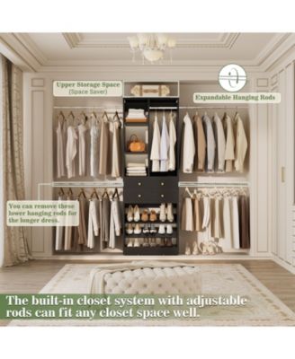 2.4-8 FT Wide Adjustable Closet Organizer, Closet System with 2 Drawers, 5 Hanging Rods, Adjustable Shoe Racks and Shelves