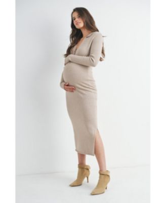 Maternity Long Sleeve Ribbed Collared V Neck Nursing Dress