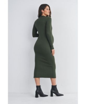 Maternity Long Sleeve Ribbed Collared V Neck Nursing Dress