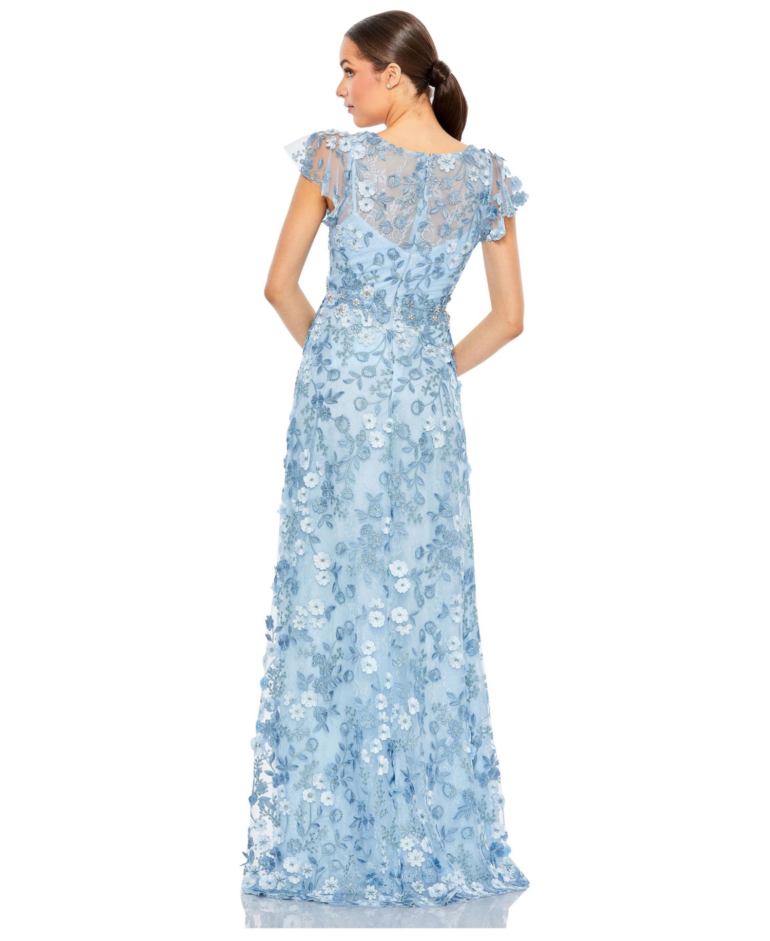 Women's Embroidered Applique Wrap Over Flutter Sleeve Gown