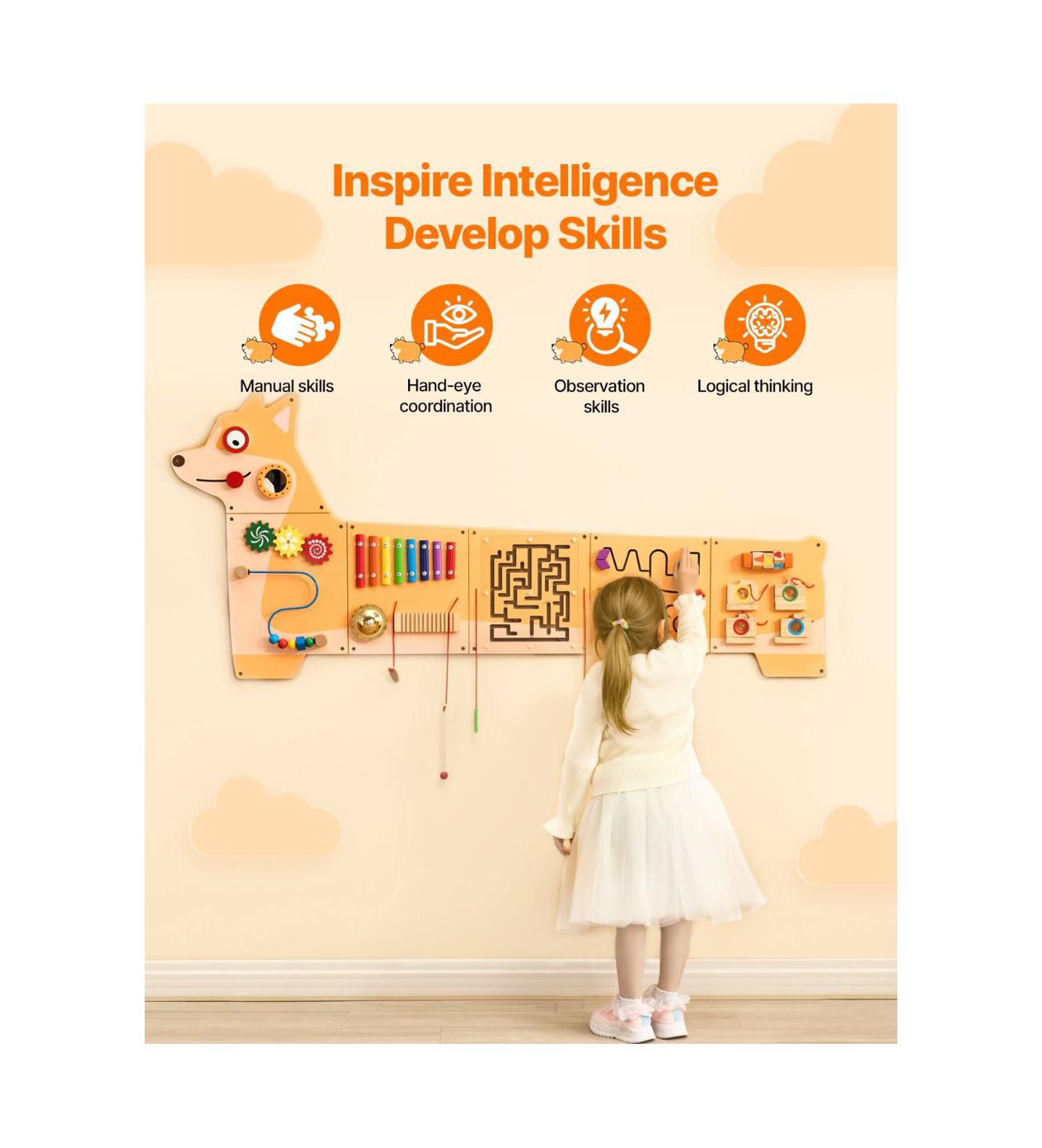 Детская игрушка Slickblue Puppy Montessori-Inspired Sensory Activity Busy Board, 12 Activities, Ages 3-12, цвет: Натуральный — фото 3