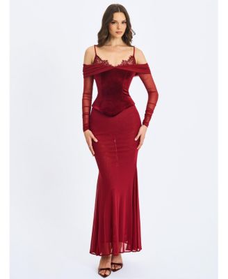 Women's Maybelle Magenta Bardot Lace Strap Peplum Maxi Dress