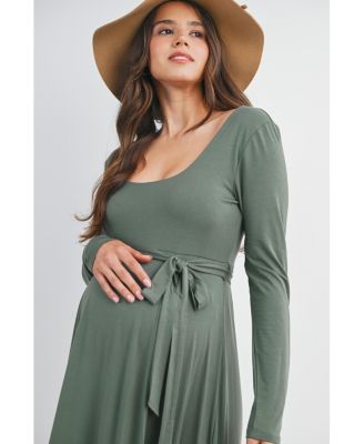 Maternity Scoop Neck Long Sleeve Tie Waist Dress
