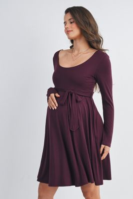 Maternity Scoop Neck Long Sleeve Tie Waist Dress