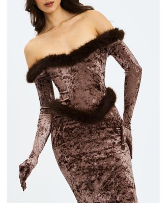 Women's Tessa Coffee Sweetheart Bardot Faux Fur Velvet Mermaid Maxi Dress