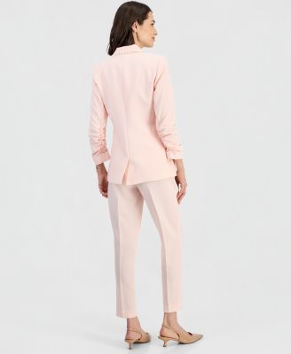 Women's Faux-Pearl-Trim Ruched-Sleeve Blazer & Straight-Leg Ankle Pants