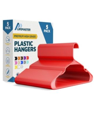 heavy-duty red hangers with non-slip grooves, space-saving design, holds 5 lbs. Pack of 5 for clothes & coats.